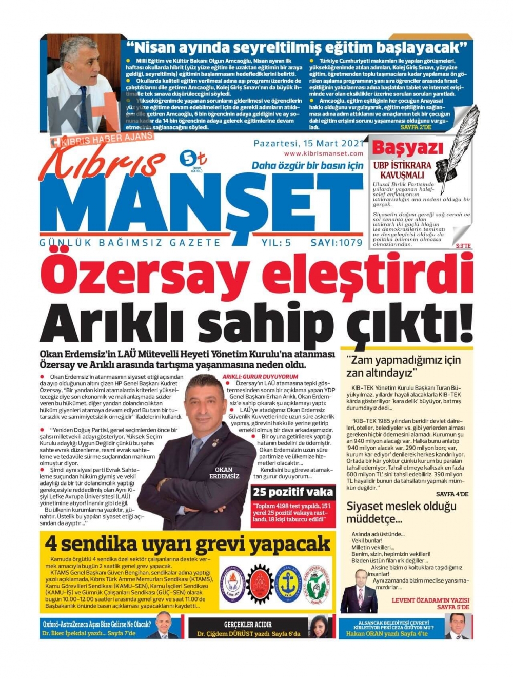 KKTC'de Gazeteler Bugün Ne Manşet Attı? (15 Mart 2021) galerisi resim 11