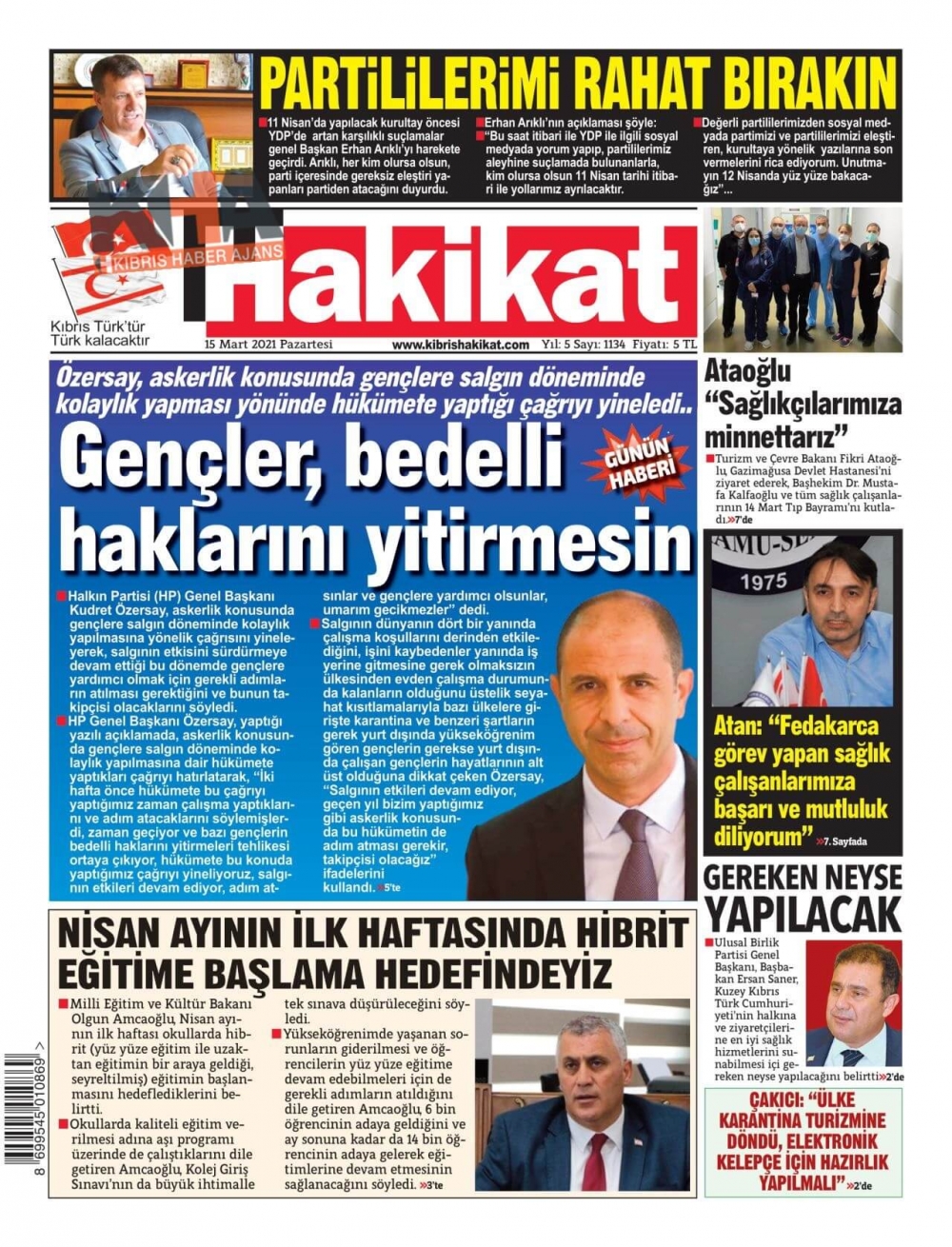 KKTC'de Gazeteler Bugün Ne Manşet Attı? (15 Mart 2021) galerisi resim 5