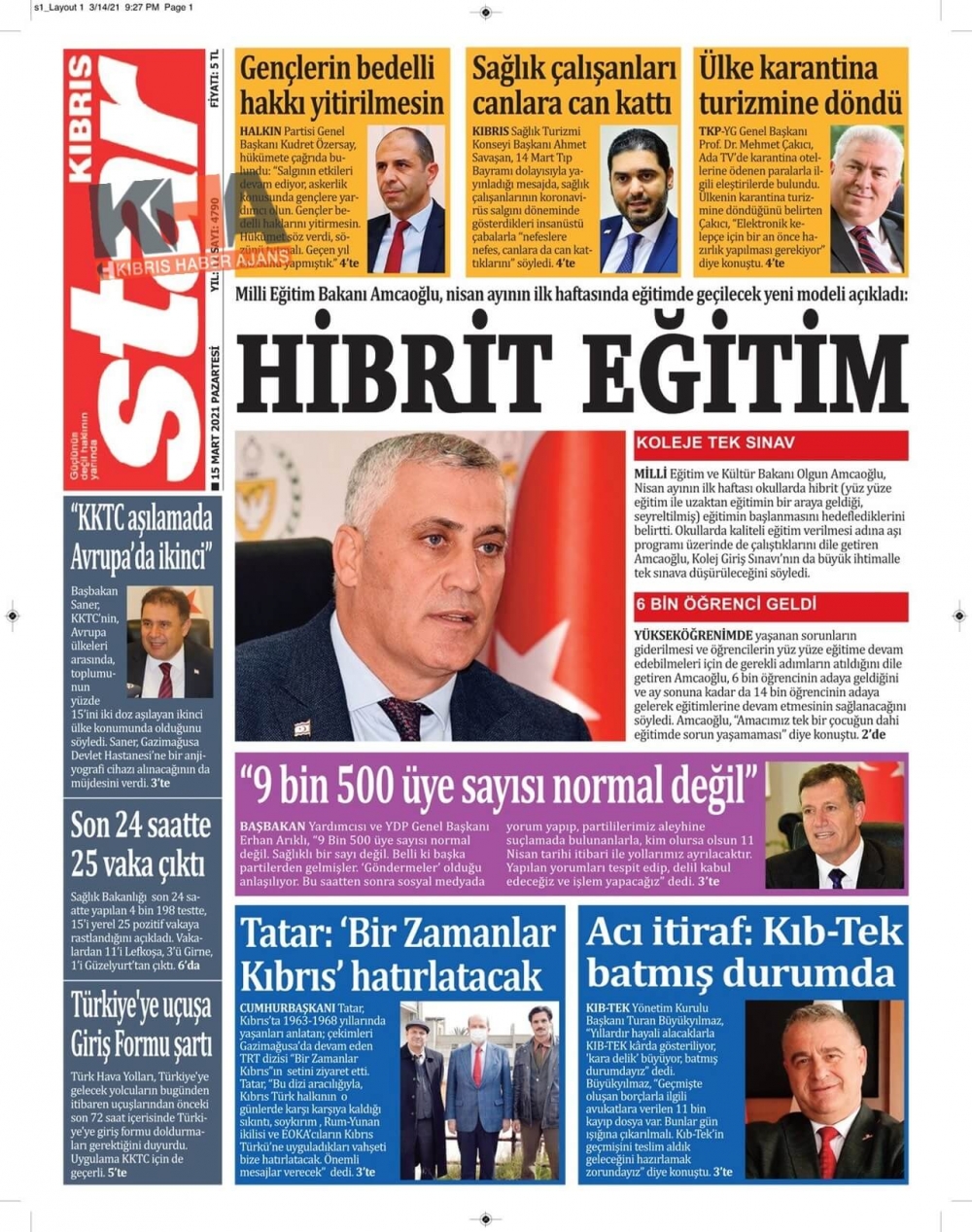 KKTC'de Gazeteler Bugün Ne Manşet Attı? (15 Mart 2021) galerisi resim 6