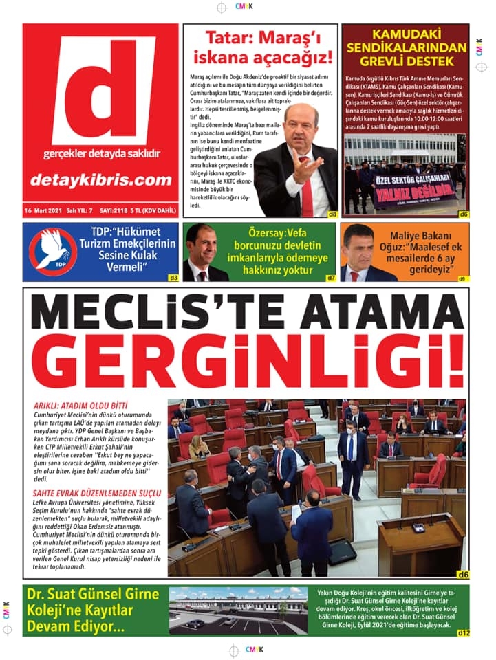 KKTC'de Gazeteler Bugün Ne Manşet Attı? (16 Mart 2021) galerisi resim 1