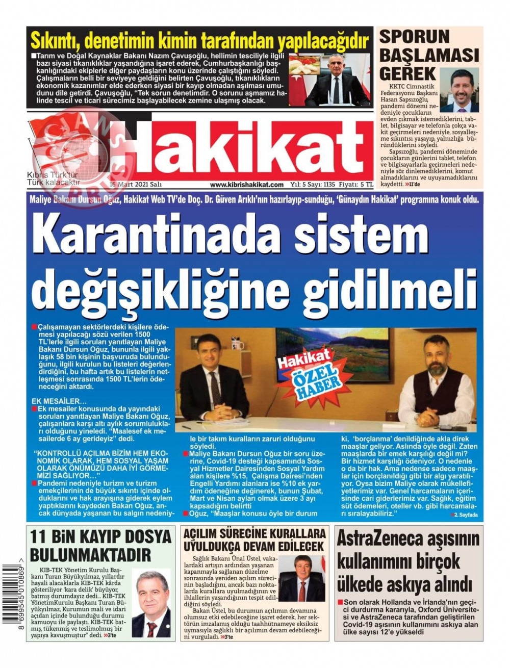 KKTC'de Gazeteler Bugün Ne Manşet Attı? (16 Mart 2021) galerisi resim 4