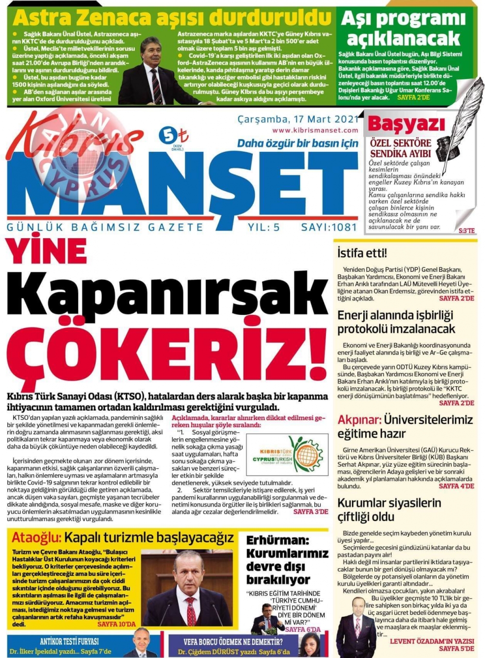 KKTC'de Gazeteler Bugün Ne Manşet Attı? (17 Mart 2021) galerisi resim 10