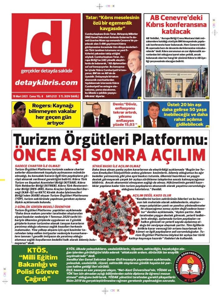 KKTC'de Gazeteler Bugün Ne Manşet Attı? (19 Mart 2021) galerisi resim 1