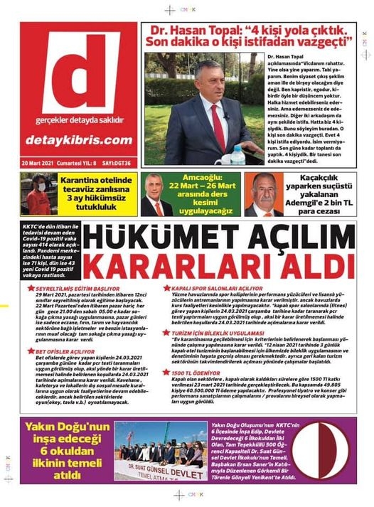 KKTC'de Bugün Gazeteler Ne Manşet Attı? (20 Mart 2021) galerisi resim 1