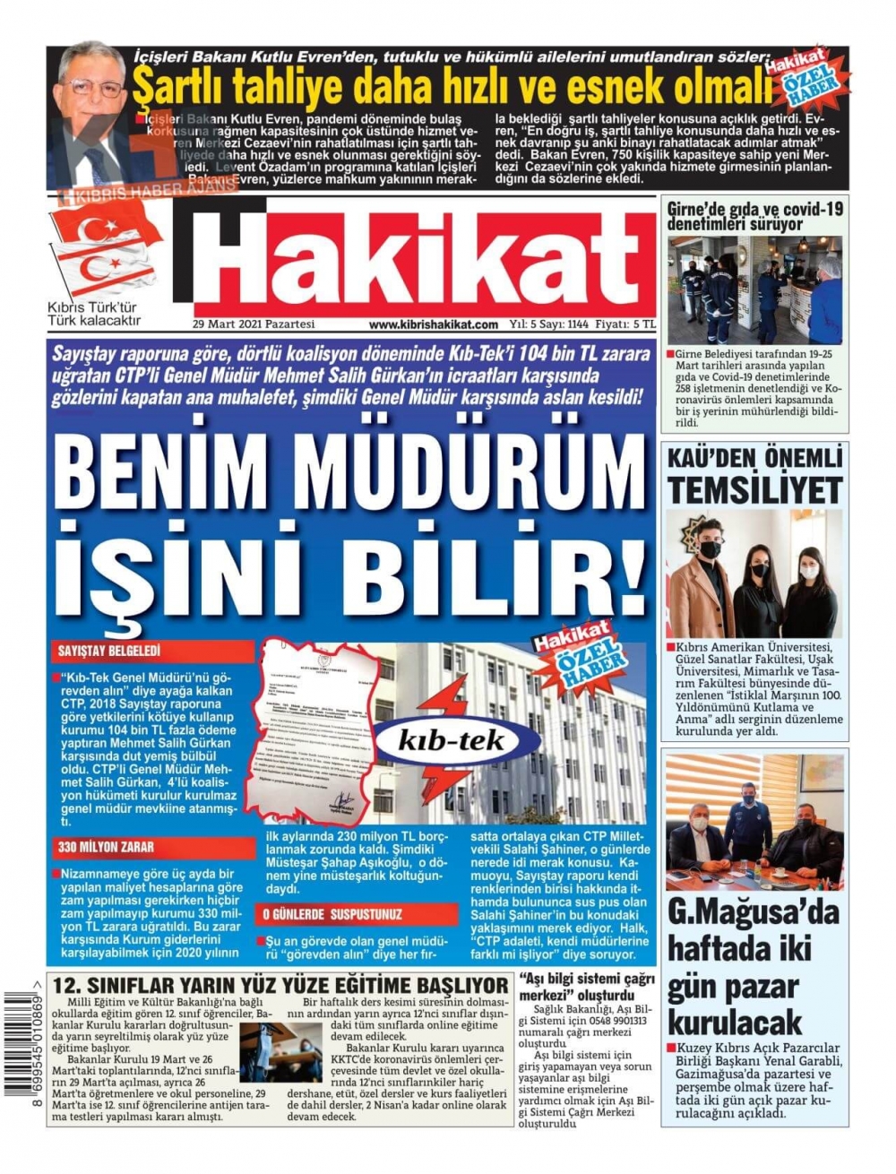 KKTC'de Gazeteler Bugün Ne Manşet Attı? (29 Mart 2021) galerisi resim 9