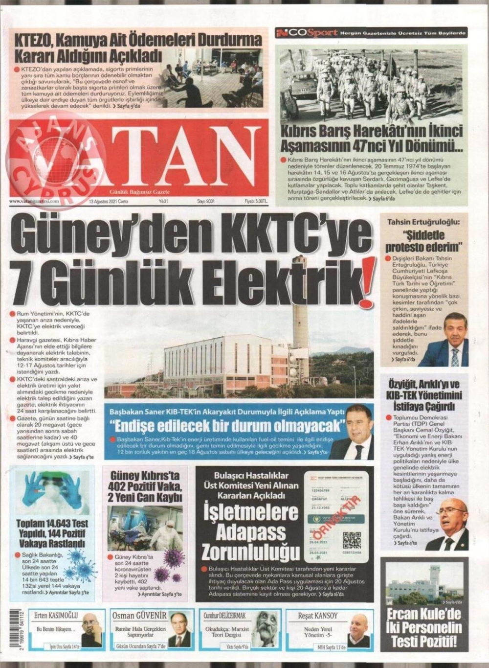 KKTC'de Gazeteler Bugün Ne Manşet Attı? (13 Ağustos 2021) galerisi resim 5