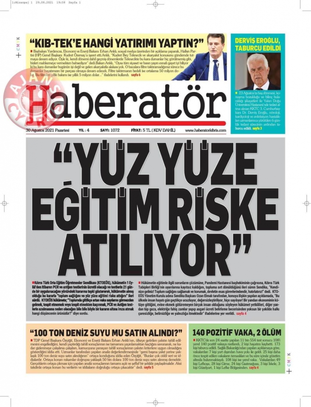 KKTC'de Gazeteler Bugün Ne Manşet Attı? (30 Ağustos 2021) galerisi resim 7