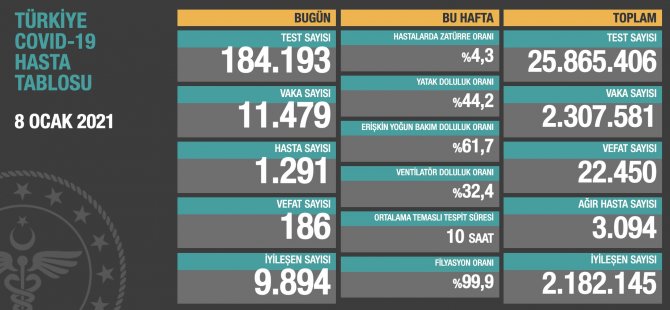 Türkiye'de koronavirüs nedeniyle 186 kişi daha hayatını kaybetti: Yeni vaka sayısı 11 bin 479