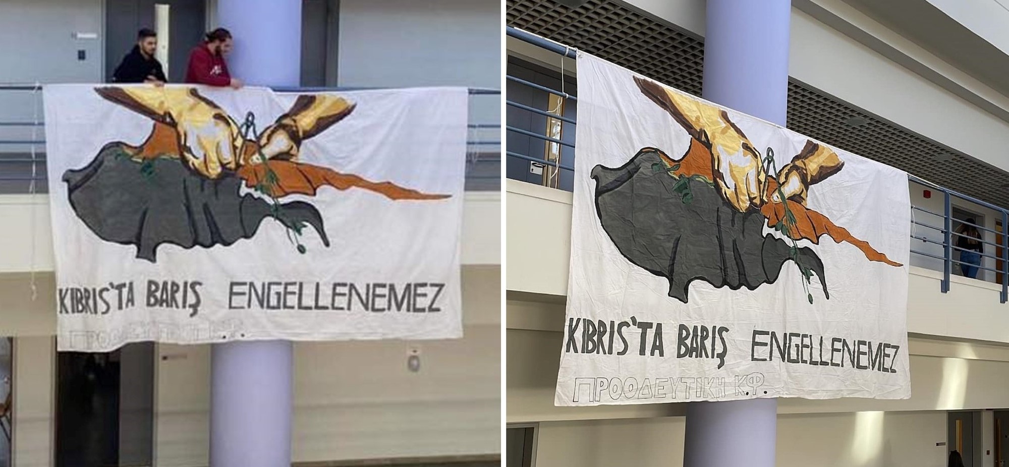 Rum öğrenciler güneydeki Kıbrıs Üniversitesi’nin göbeğine “KIBRIS’TA BARIŞ ENGELLENEMEZ” yazan pankartı astı