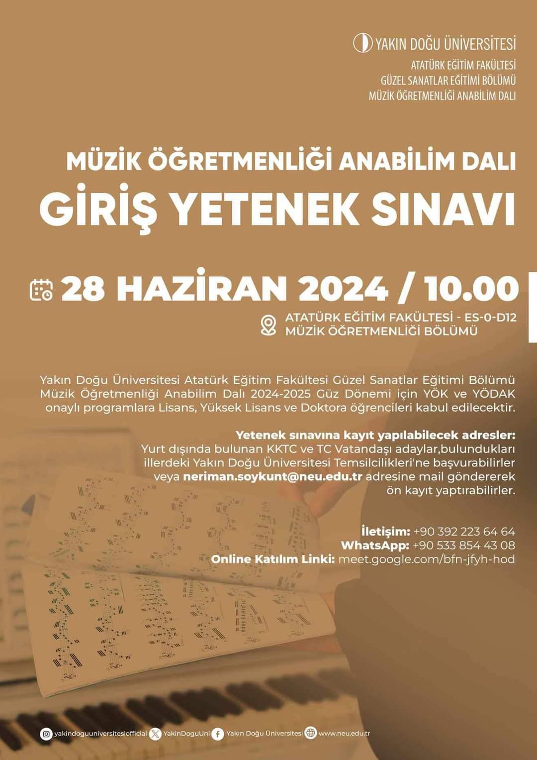 Yakın Doğu Üniversitesi Müzik Öğretmenliği Yetenek Sınavı 28 Haziran’da