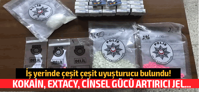 Mağusa'da bir iş yerinde toplam 1058 adet extacy, 101 gram kokain, 336 paket cinsel gücü artırıcı jel bulundu!